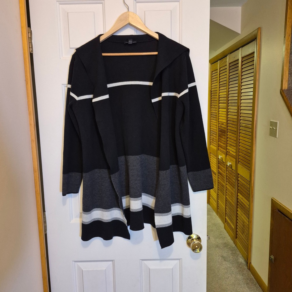 ALYX Women Wide Collar Cardigan Sweater Black Gray White Stripe Open Size L